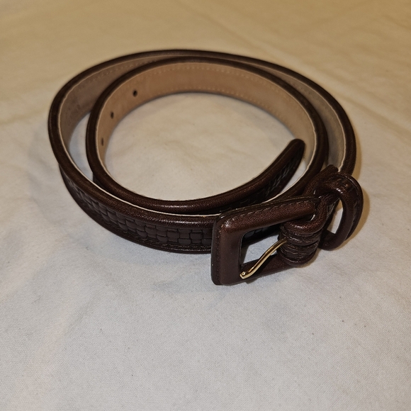 Talbots Womens S Brown Genuine‎ Leather 1" Belt  Adjustable Basket Weave Inlays - Picture 1 of 7